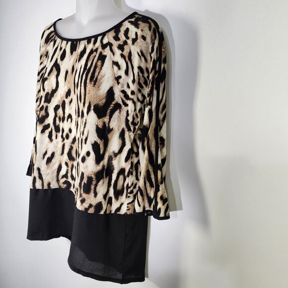 Chicos Leopard Chic Knit Tunic Top Medium Black Panel Hem 3/4 Sleeve Mixed Media - Picture 5 of 12